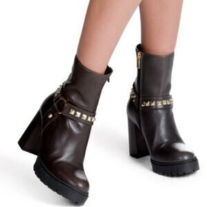 BEAUTIISOLES Brigette Studded Harness Leather Heeled Bootie in Brown Size 37